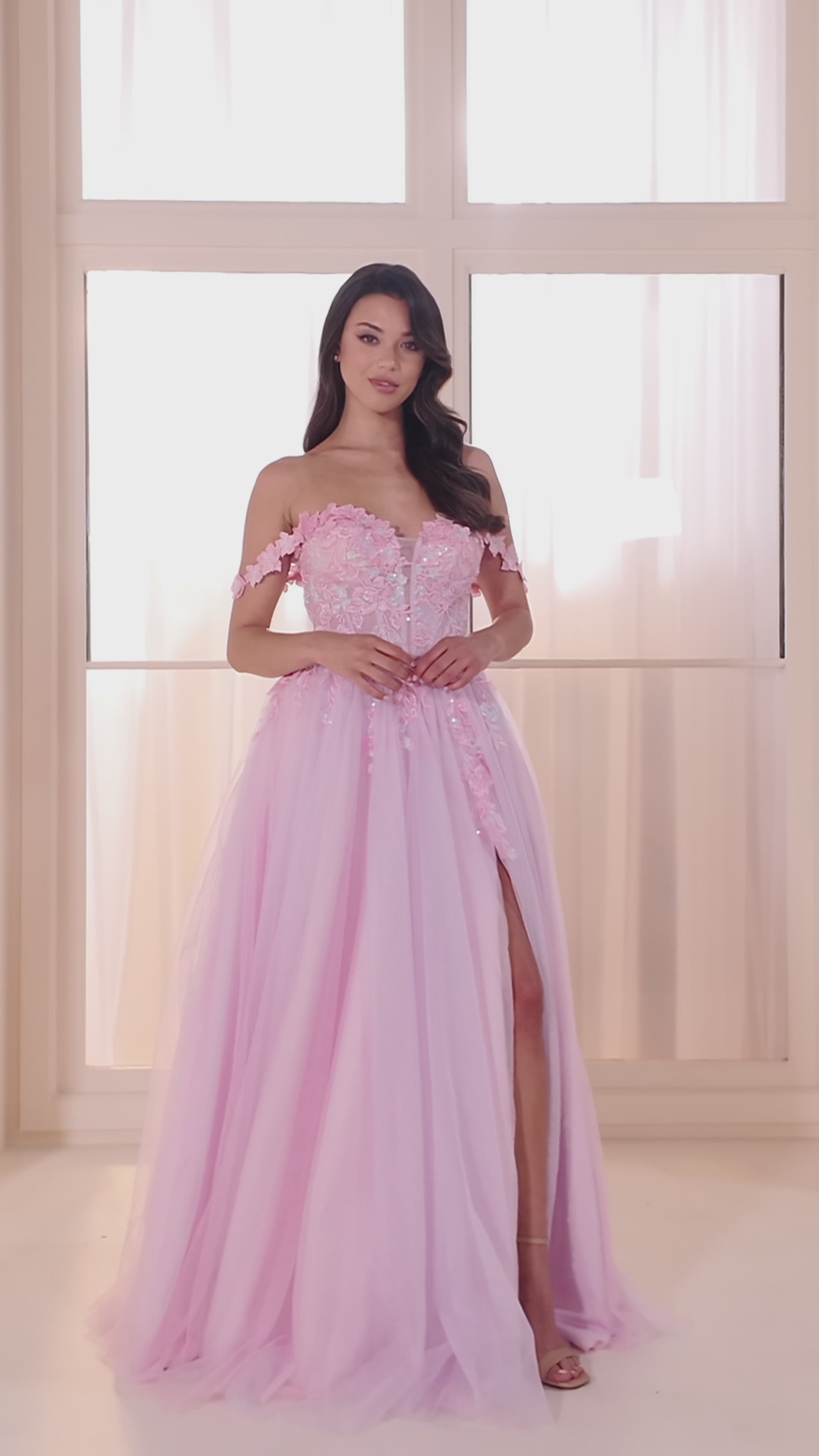 Ellie Wilde EW36214 a-line prom dress video.  Ellie Wilde EW36214 is available in these colors: Cotton Candy, Atlantis Blue, Lilac