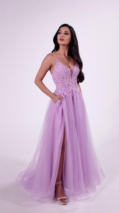 Colette CL8100 prom dress video.  Colette CL8100 is available in these colors: Lilac, Pink, Light Blue.