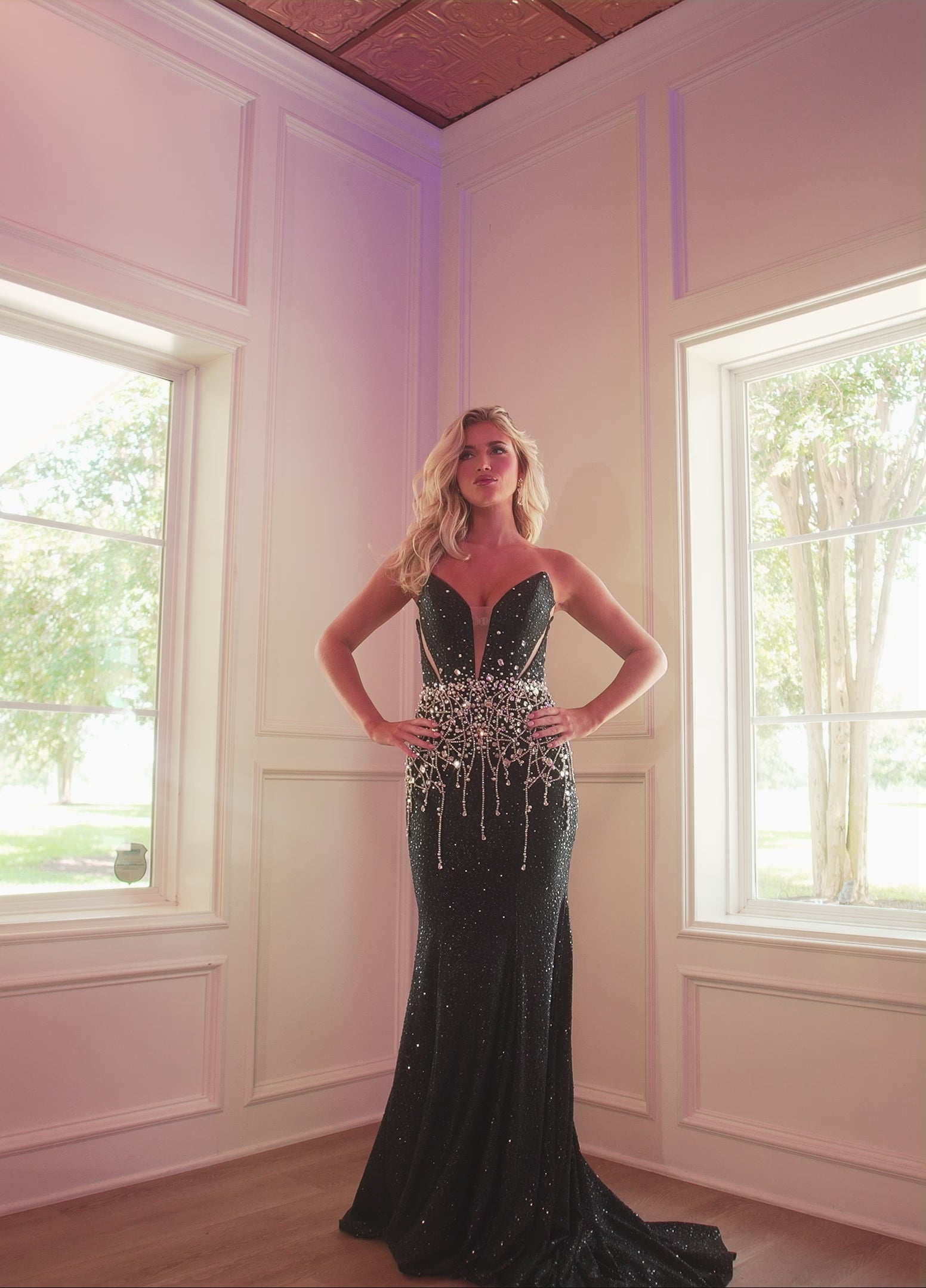 Rachel Allan 70742 prom dress video.  Rachel Allan 70742 is available in these colors: Black, Cloud Blue, Purple, Silver.