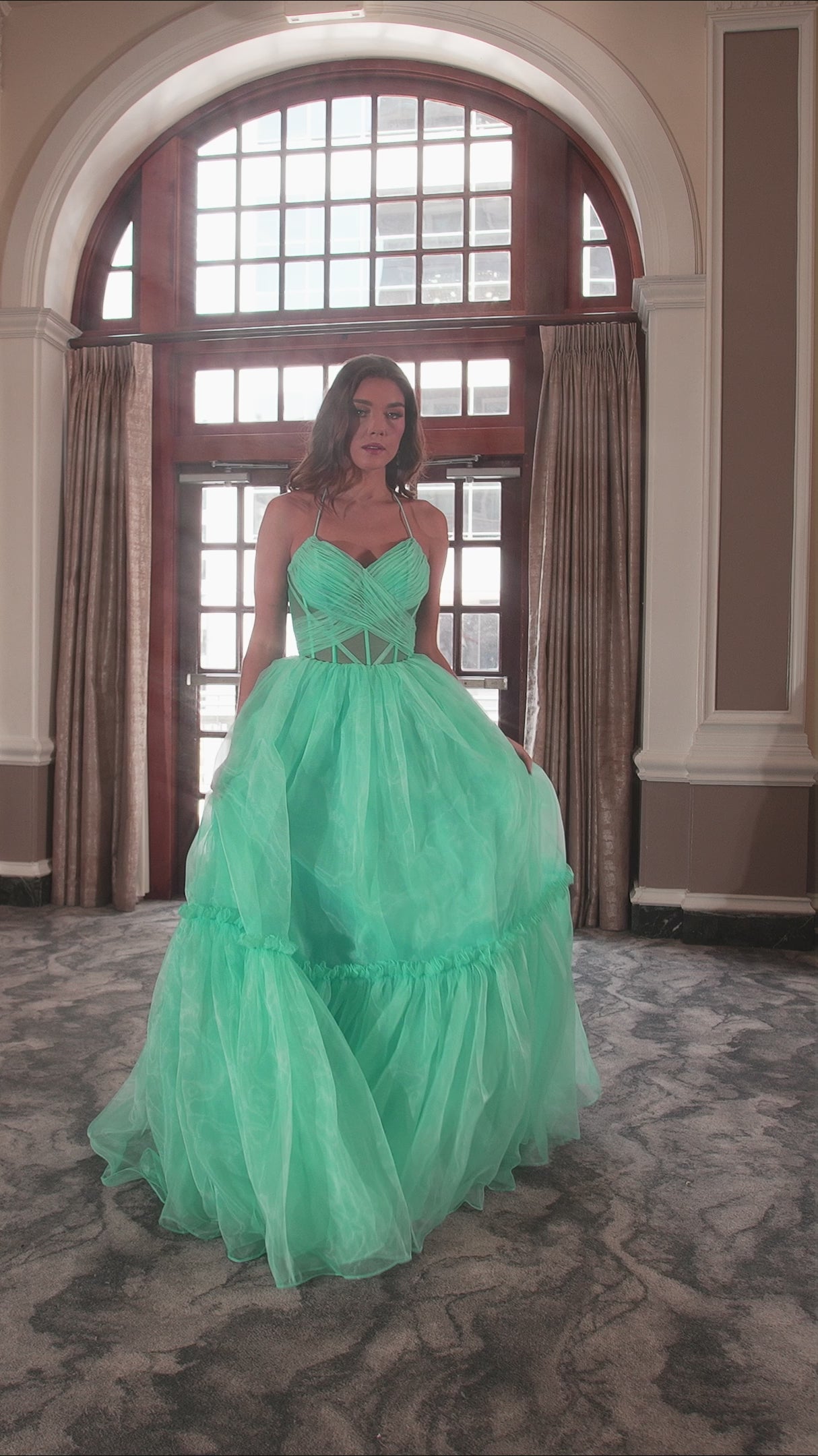 Rachel Allan 70815 prom dress video.  Rachel Allan 70815 is available in these colors: Aqua, Hot Pink, Lilac, Yellow.