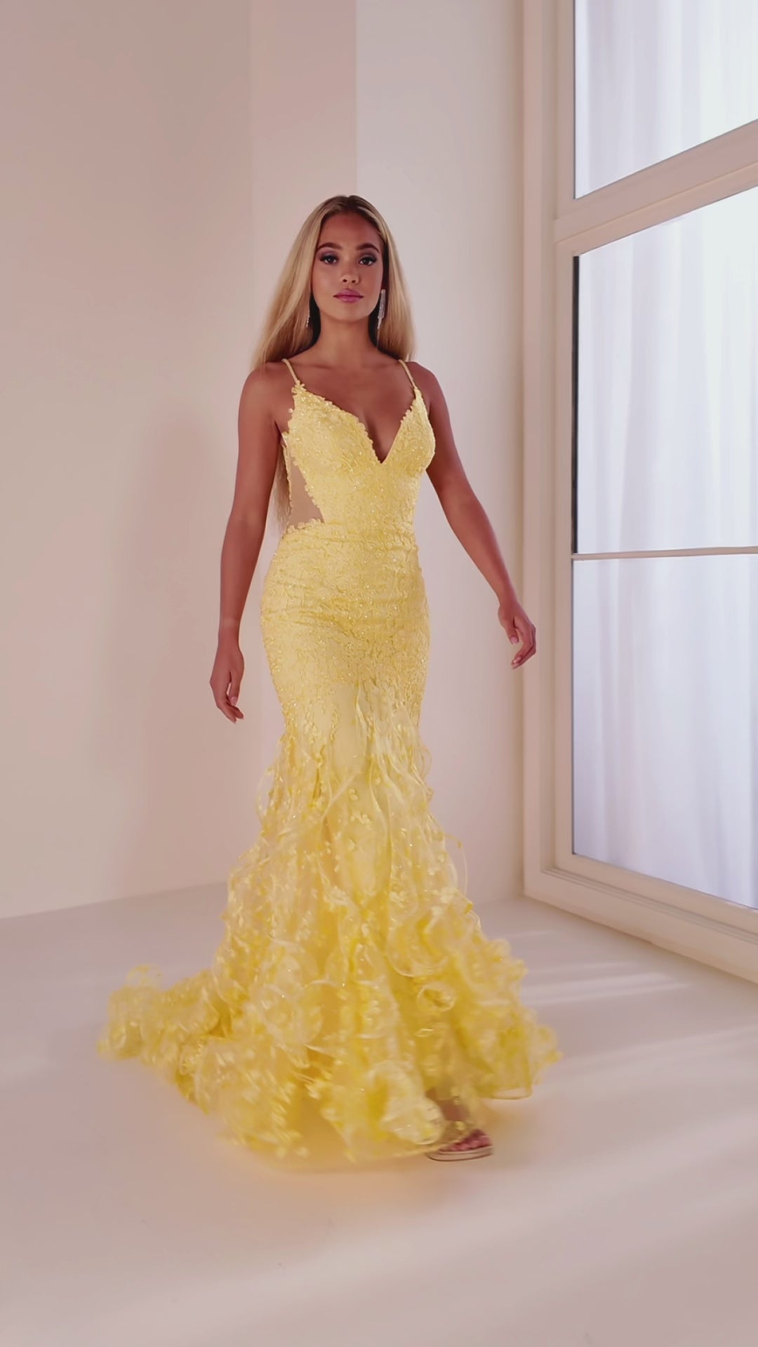 Ellie Wilde EW36041 mermaid prom dress video.  Ellie Wilde EW36041 is available in these colors: Light Yellow, Strawberry, Sage, Fuchsia, Navy Blue.