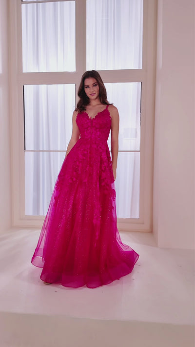 Ellie Wilde EW36015 A-line prom dress video.  Ellie Wilde EW36015 is available in these colors: Magenta, Sage, Black, Purple, Strawberry, Orange, Ivory.