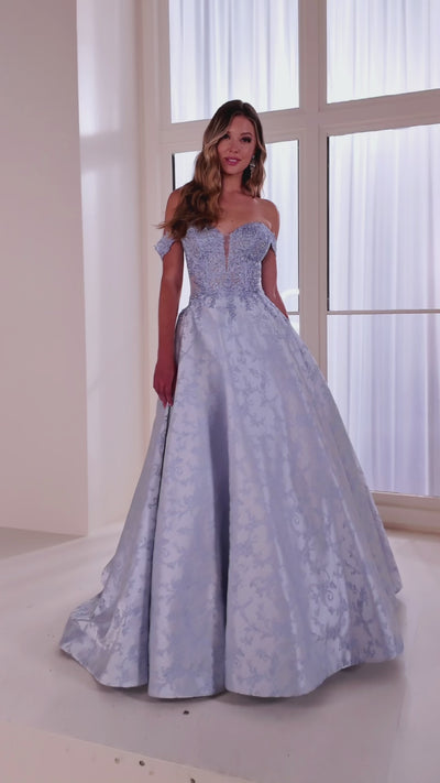 Ellie Wilde EW36078 ball gown prom dress video.  Ellie Wilde EW36078 is available in these colors: Blue Pearl, Ruby.