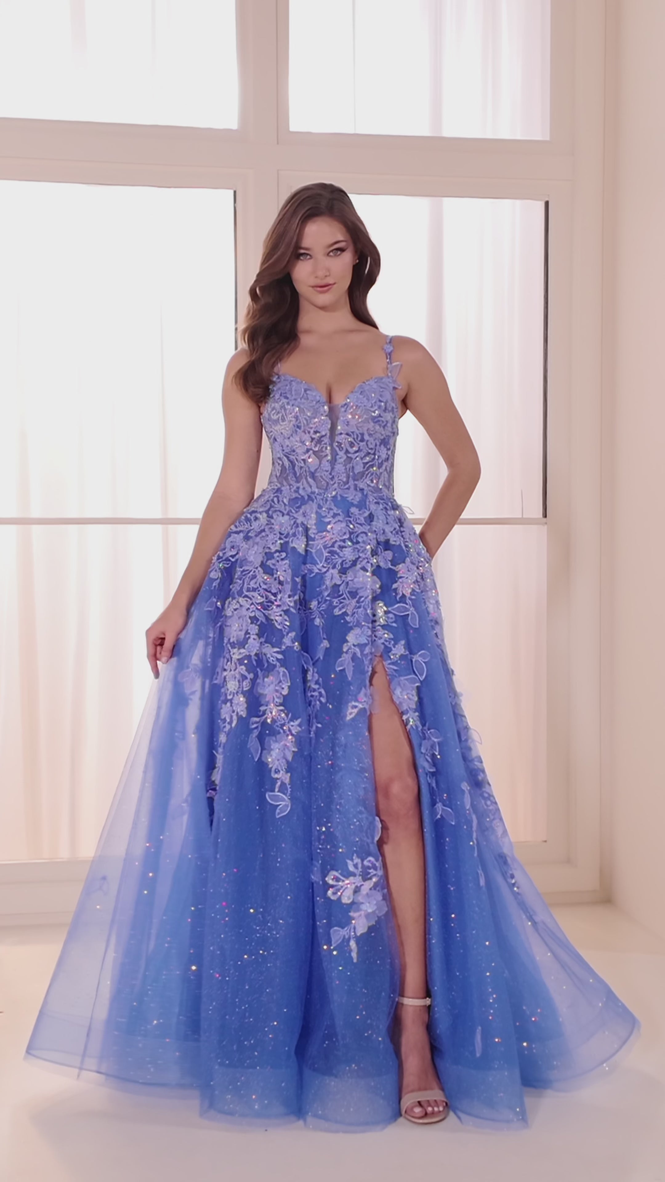 Ellie Wilde EW36208 a-line prom dress video.  Ellie Wilde EW36208 is available in these colors: Blue Moon, Barbie Pink, Navy Bue.