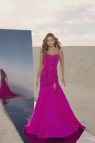 Sherri Hill 56831 prom dress video.  Sherri Hill 56831 is available in these colors: Peacock, Periwinkle, Jade, Orange, Aqua, Yellow, Bright Fuchsia.