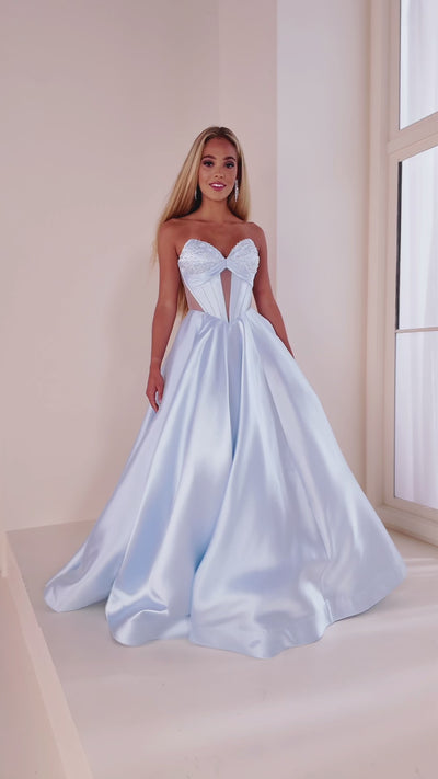 Ellie Wilde EW36025 ball gown prom dress images.  Ellie Wilde EW36025 is available in these colors: Ice Blue, Blue Hydrangea, Red, Emerald, Black, Diamond White.