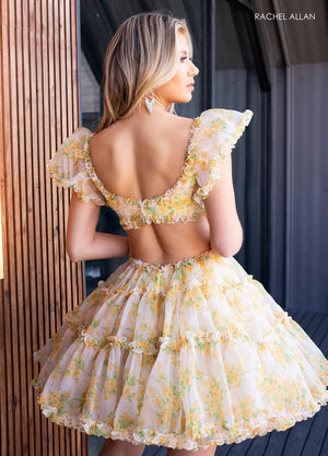 Rachel Allan 40408 prom dress images.  Rachel Allan 40408 is available in these colors: White Print, Yellow Print.