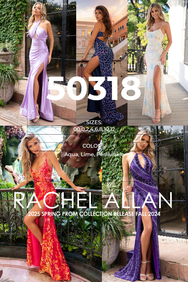 Rachel Allan 50318 prom dress images.  Rachel Allan 50318 is available in these colors: Aqua, Lime, Periwinkle.