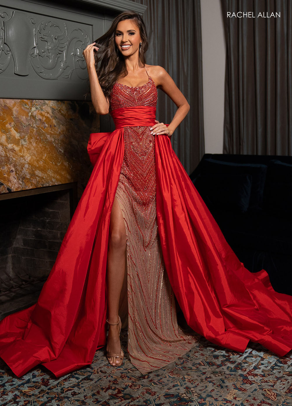 Rachel Allan 50330 prom dress images.  Rachel Allan 50330 is available in these colors: Nude Aqua, Nude Red.