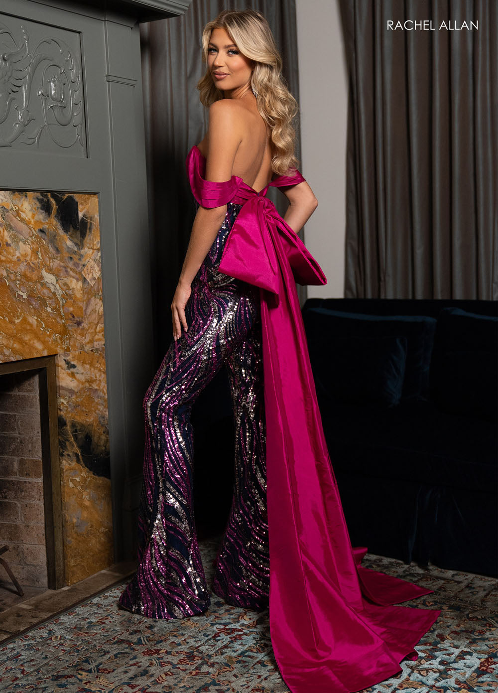 Rachel Allan 50331 prom dress images.  Rachel Allan 50331 is available in these colors: Black Tangerine, Navy Fuchsia.