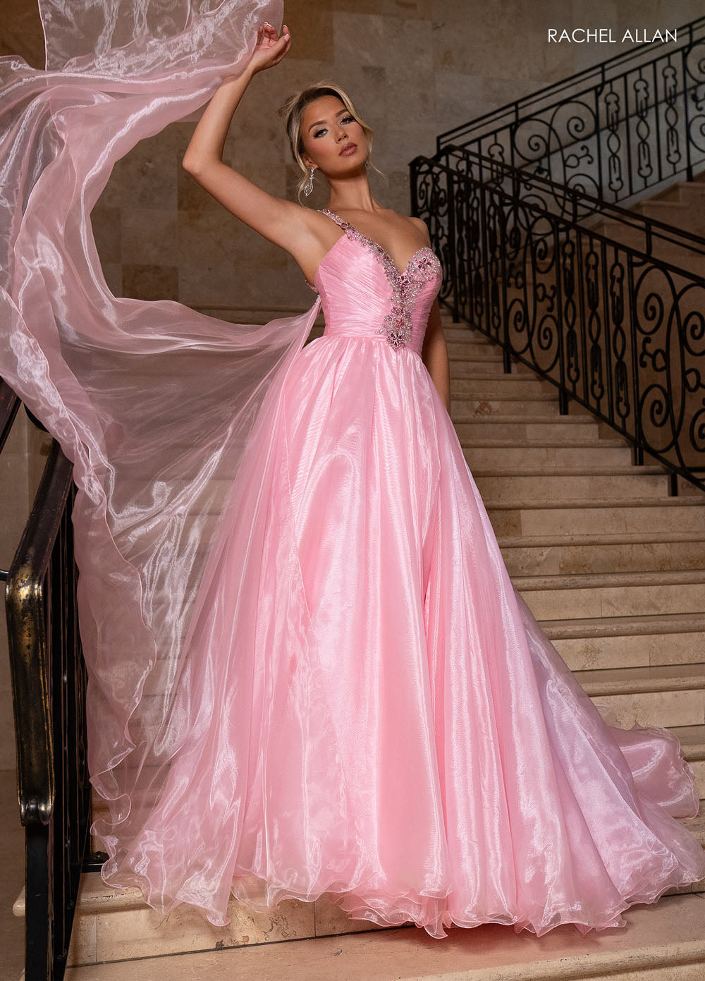 Rachel Allan 50342 prom dress images.  Rachel Allan 50342 is available in these colors: Pink, Sky Blue.