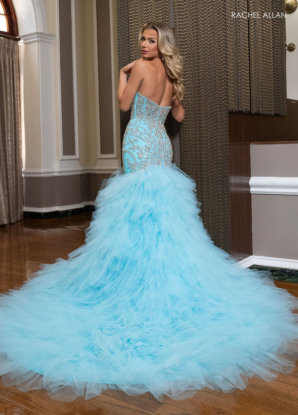 Rachel Allan 50346 prom dress images.  Rachel Allan 50346 is available in these colors: Aqua Blue, Hot Pink.