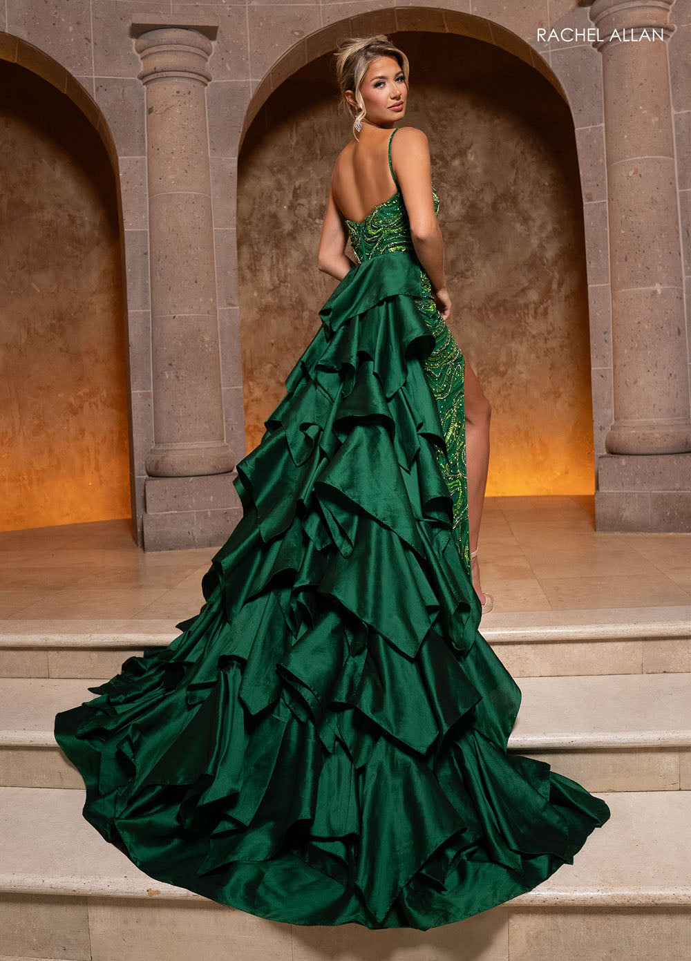 Rachel Allan 50364 prom dress images.  Rachel Allan 50364 is available in these colors: Emerald Lime, Red Fuchsia.