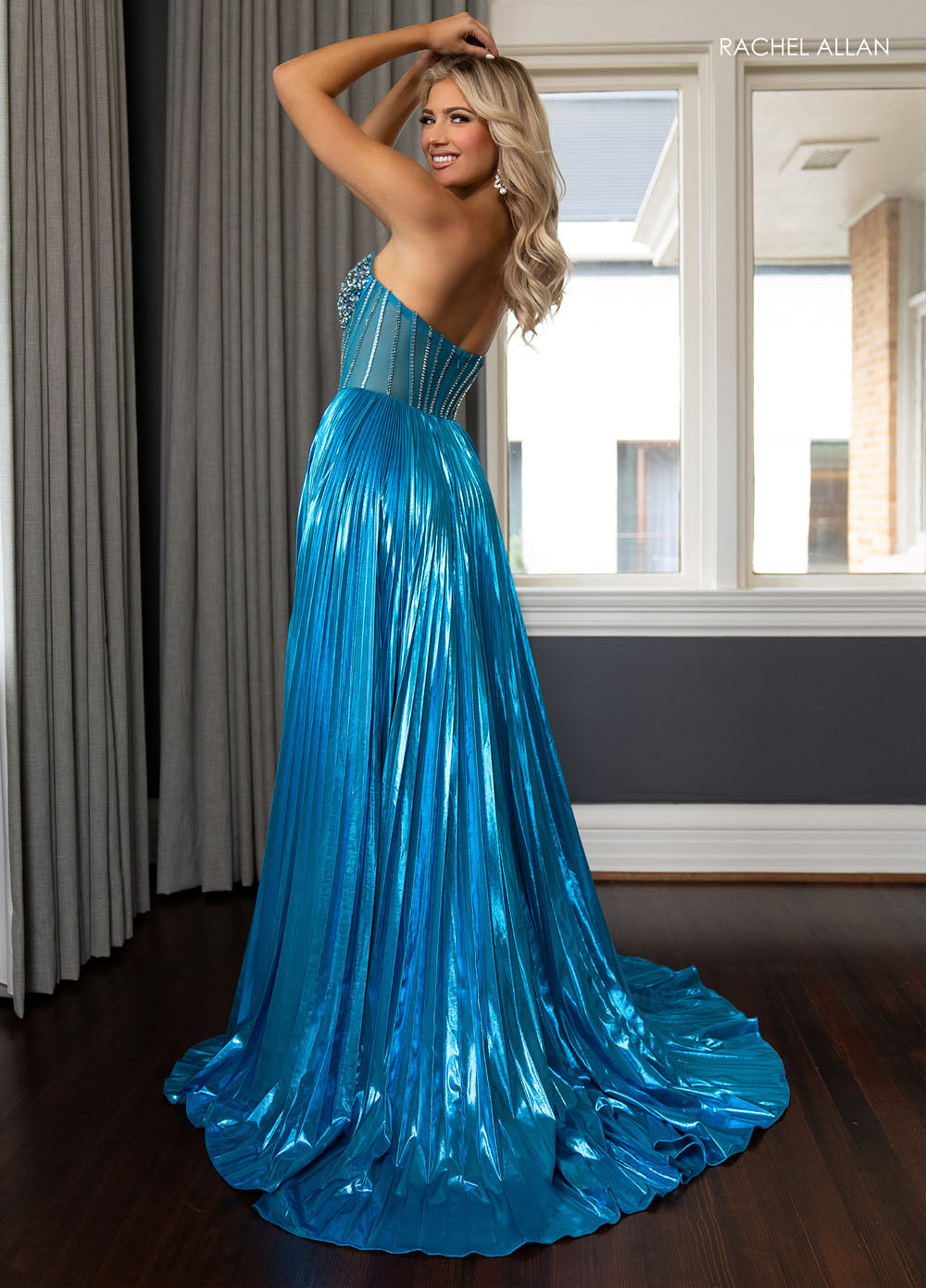 Rachel Allan 70709 prom dress images.  Rachel Allan 70709 is available in these colors: Gold, Royal, Silver, Turquoise.