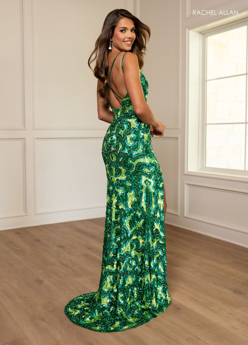 Rachel Allan 70725 prom dress images.  Rachel Allan 70725 is available in these colors: Emerald Multi, Lilac Multi, Red Multi.