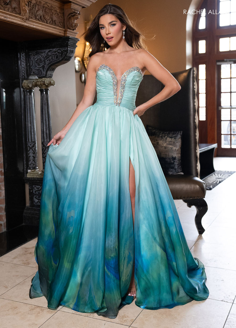 Rachel Allan 70727 prom dress images.  Rachel Allan 70727 is available in these colors: Mint Print, Periwinkle Print, Pink Print.