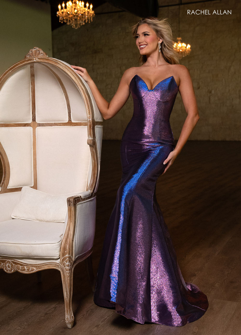 Rachel Allan 70743 prom dress images.  Rachel Allan 70743 is available in these colors: Fuchsia Shimmer, Lilac Shimmer, Peacock Shimmer.