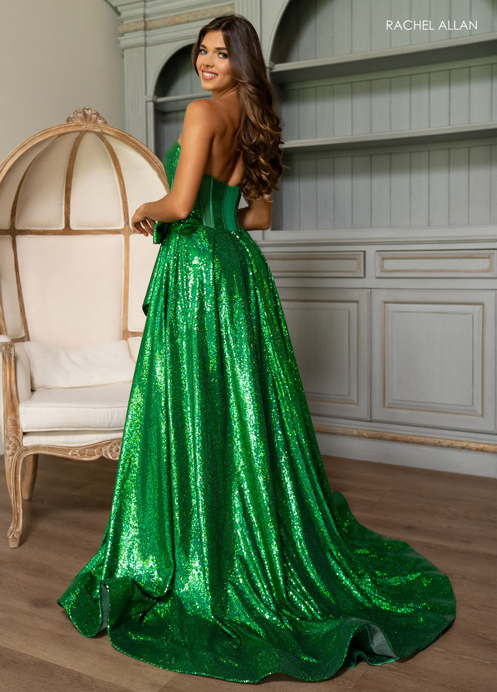 Rachel Allan 70791 prom dress images.  Rachel Allan 70791 is available in these colors: Emerald, Ocean Blue, Pink, Red.