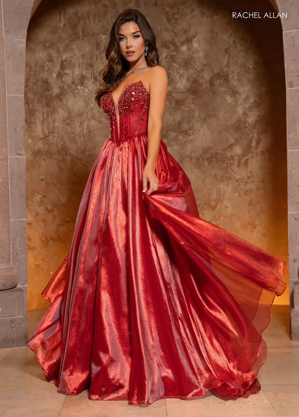 Rachel Allan 70812 prom dress images.  Rachel Allan 70812 is available in these colors: Gold, Red, Royal.