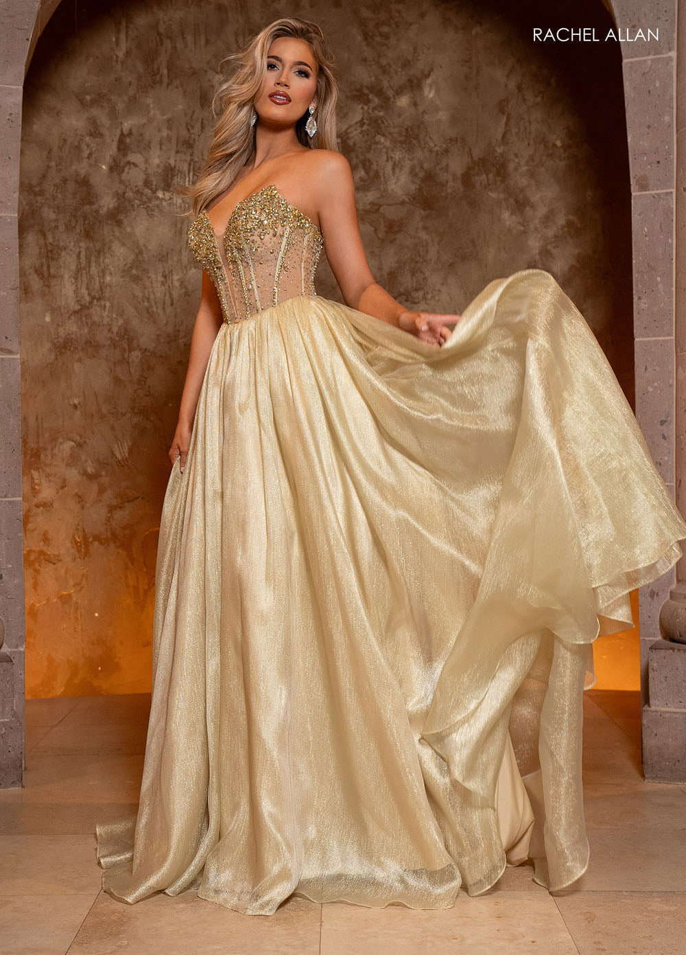 Rachel Allan 70812 prom dress images.  Rachel Allan 70812 is available in these colors: Gold, Red, Royal.