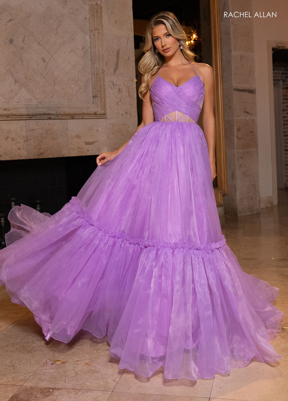 Rachel Allan 70815 prom dress images.  Rachel Allan 70815 is available in these colors: Aqua, Hot Pink, Lilac, Yellow.