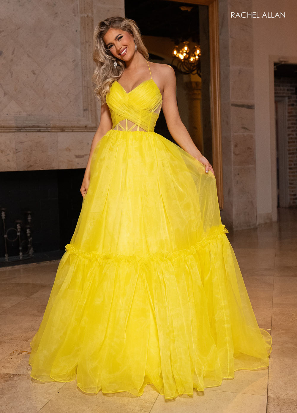 Rachel Allan 70815 prom dress images.  Rachel Allan 70815 is available in these colors: Aqua, Hot Pink, Lilac, Yellow.