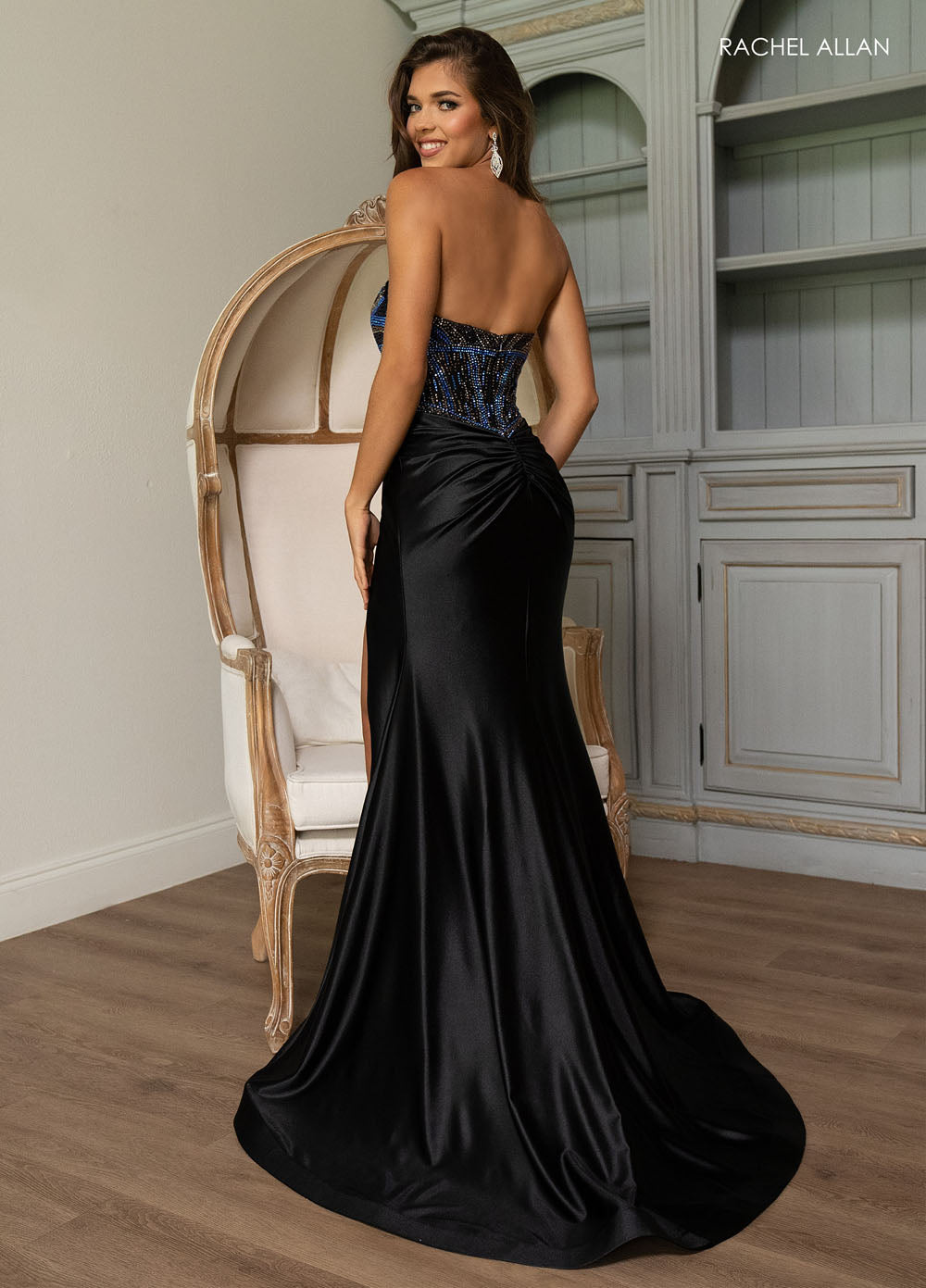 Rachel Allan 70838 prom dress images.  Rachel Allan 70838 is available in these colors: Black, Champagne, Emerald, Lilac.