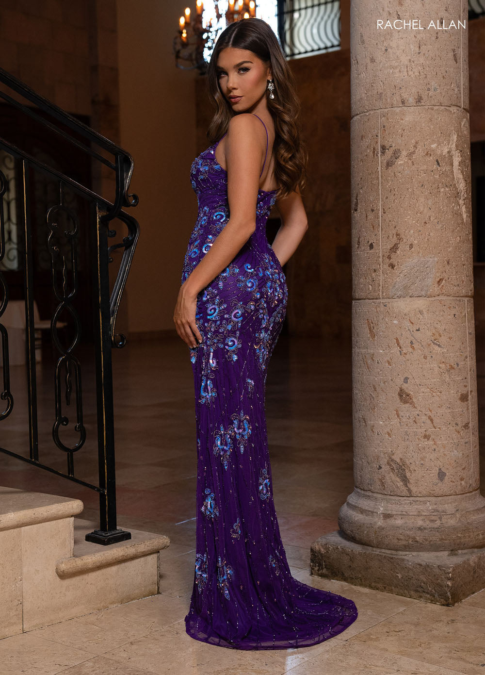 Rachel Allan 70842 prom dress images.  Rachel Allan 70842 is available in these colors: Aqua Blue, Purple Multi, Tangerine Multi.