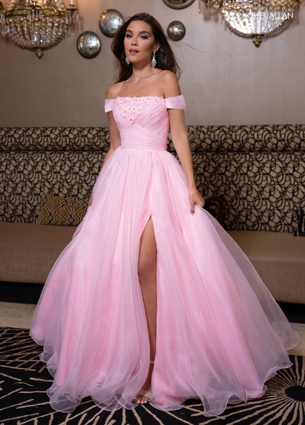 Rachel Allan 70865 prom dress images.  Rachel Allan 70865 is available in these colors: Aqua, Pink, Red.