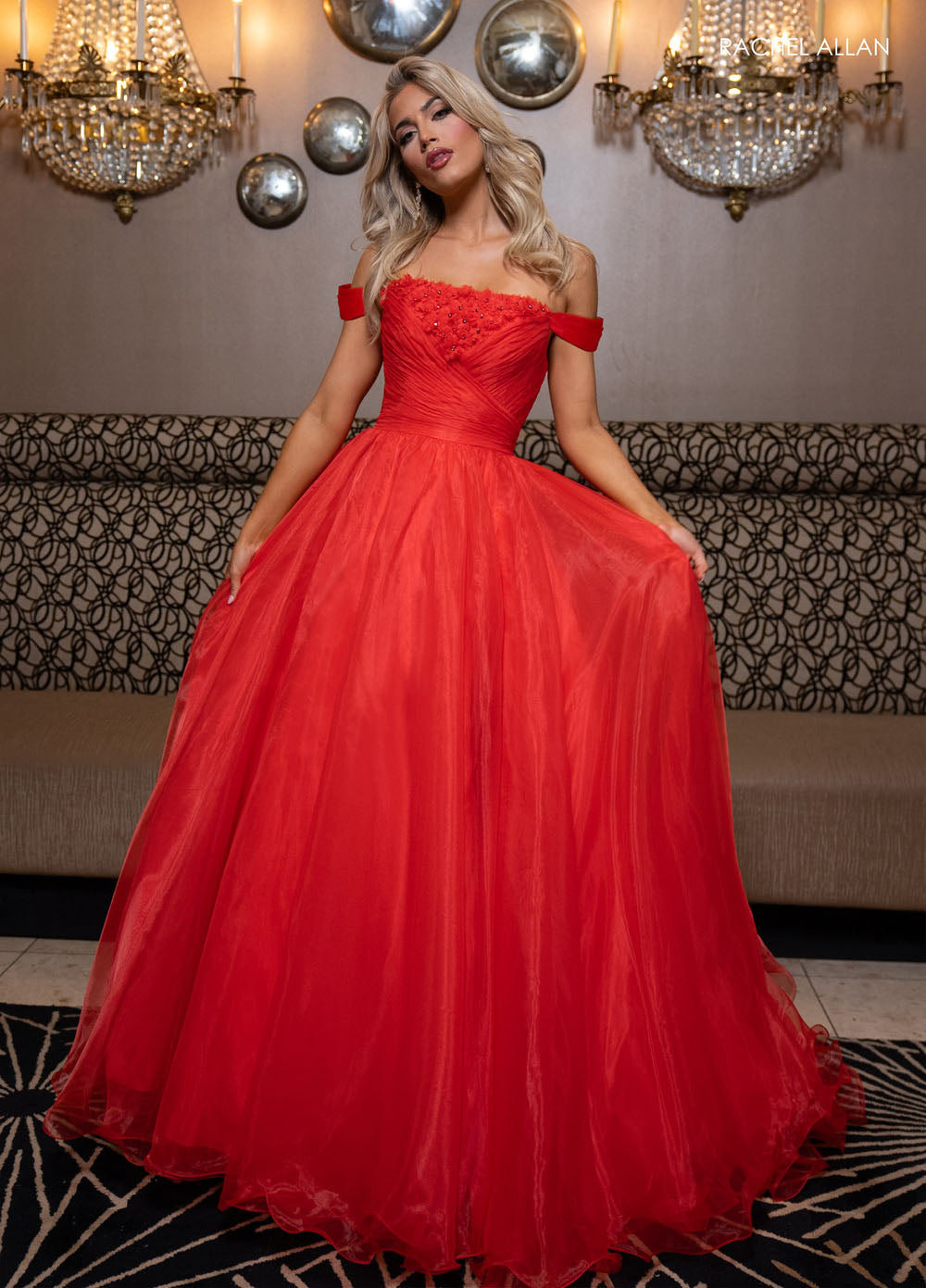 Rachel Allan 70865 prom dress images.  Rachel Allan 70865 is available in these colors: Aqua, Pink, Red.