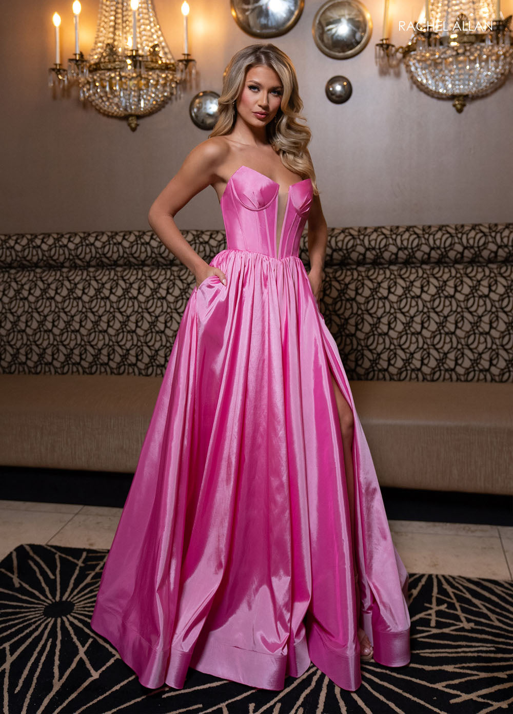 Rachel Allan 70871 prom dress images.  Rachel Allan 70871 is available in these colors: Aqua, Candy Pink, Lilac, Red.