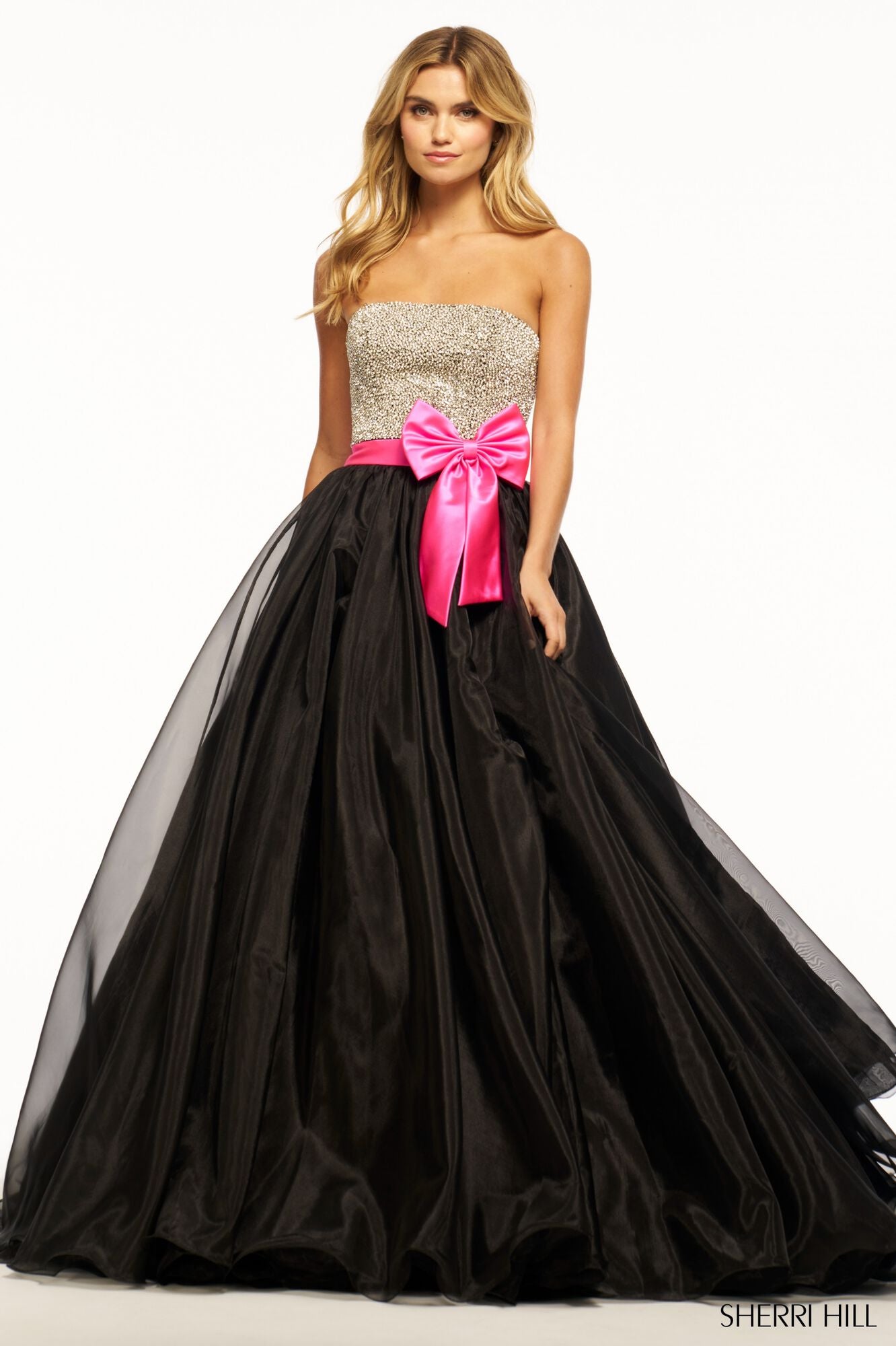 Sherri Hill 55956 prom dress images.  Sherri Hill 55956 is available in these colors: Black Ivory Fuchsia.