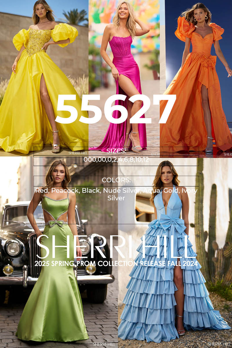 Sherri Hill 55627 prom dress images.  Sherri Hill 55627 is available in these colors: Red, Peacock, Black, Nude Silver, Aqua, Gold, Ivory Silver.