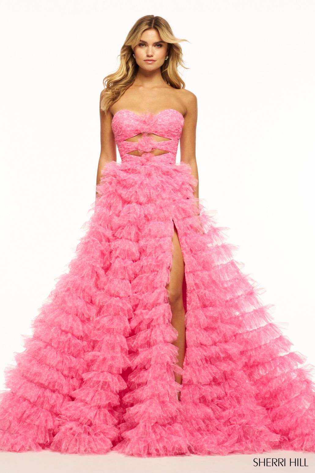 Sherri Hill 55981 prom dress images.  Sherri Hill 55981 is available in these colors: Neon Pink, Aqua, Lilac, Ivory Yellow, Ivory Blue-.