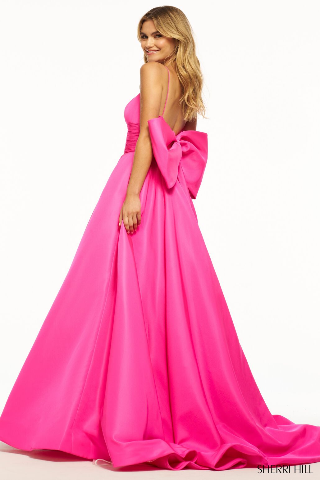 Sherri Hill 55996 prom dress images.  Sherri Hill 55996 is available in these colors: Bright Pink, Red, Black, Light Blue, Lilac.