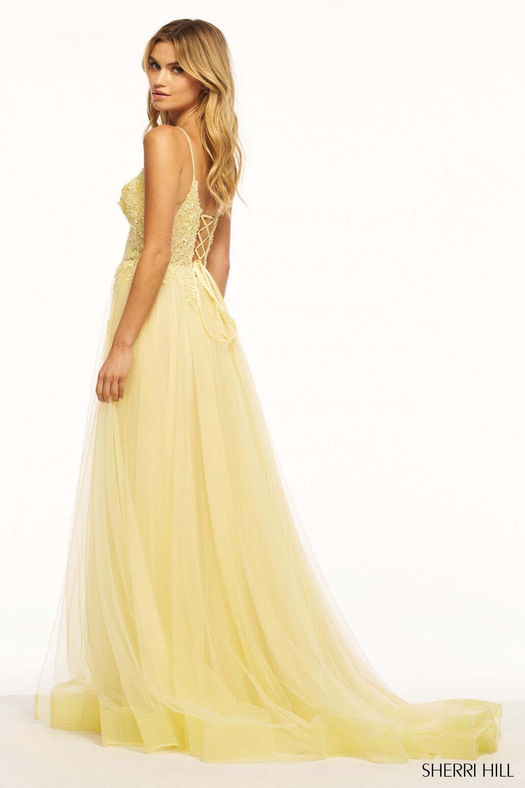 Sherri Hill 55998 prom dress images.  Sherri Hill 55998 is available in these colors: Yellow, Blush, Light Blue.