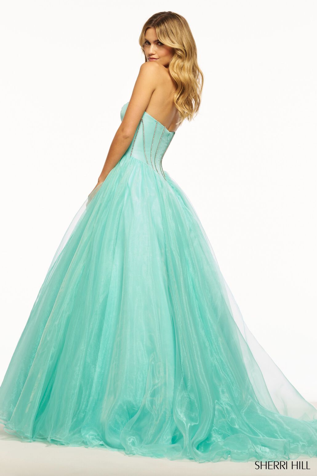 Sherri Hill 56028 prom dress images.  Sherri Hill 56028 is available in these colors: Black, Peacock, Aqua, Emerald, Bright Pin K.