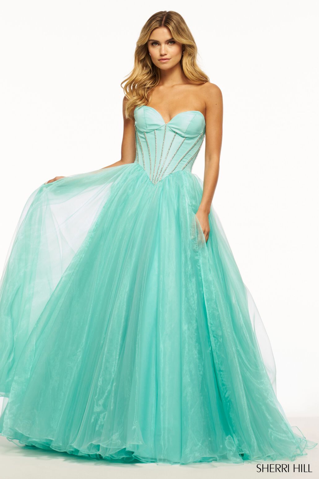 Sherri Hill 56028 prom dress images.  Sherri Hill 56028 is available in these colors: Black, Peacock, Aqua, Emerald, Bright Pin K.