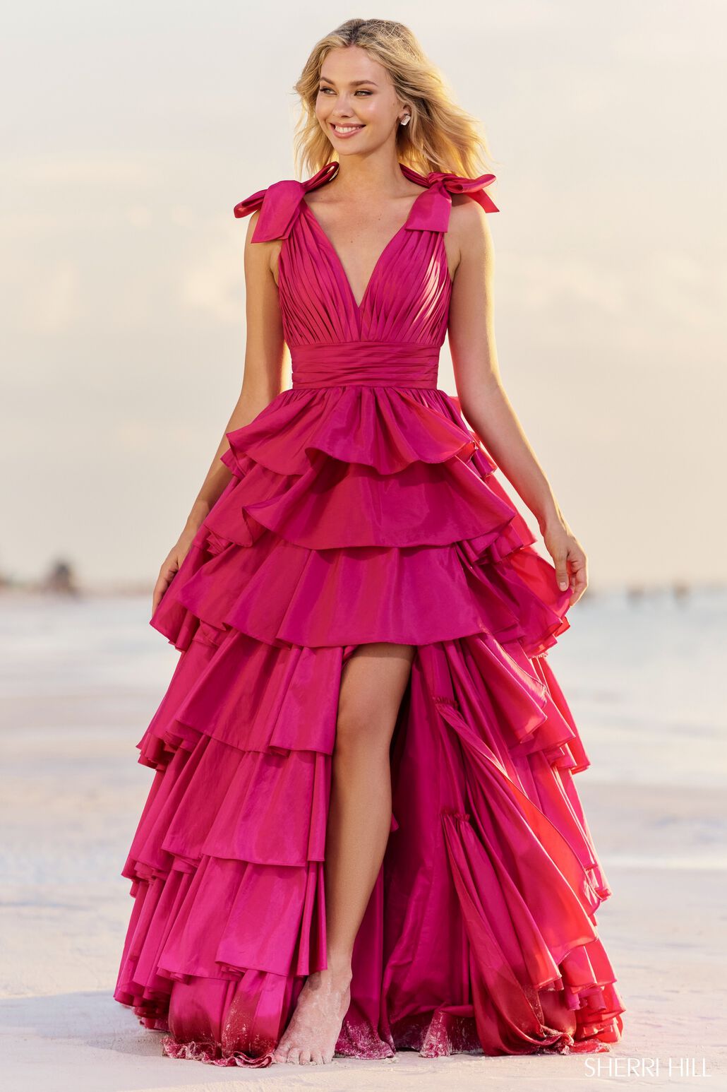 Sherri Hill 56035 prom dress images. Sherri Hill 56035 is available in these colors: Black, Red, Fuchsia, Bright Pink, Teal, Bright Yellow, Ivory.