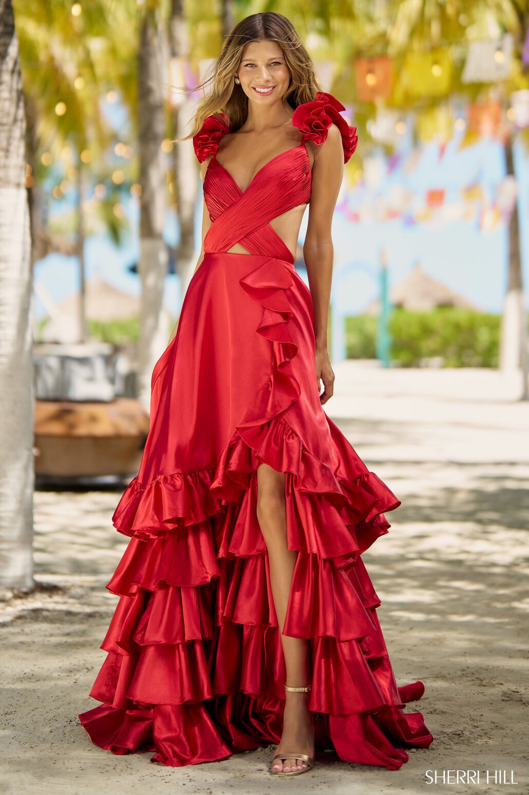 Sherri Hill 56057 prom dress images.  Sherri Hill 56057 is available in these colors: Red, Gold, Black, Royal, Emerald, Bright Pink, Burnt Orange, Ocean Blue, Magenta, Rose, Yellow.