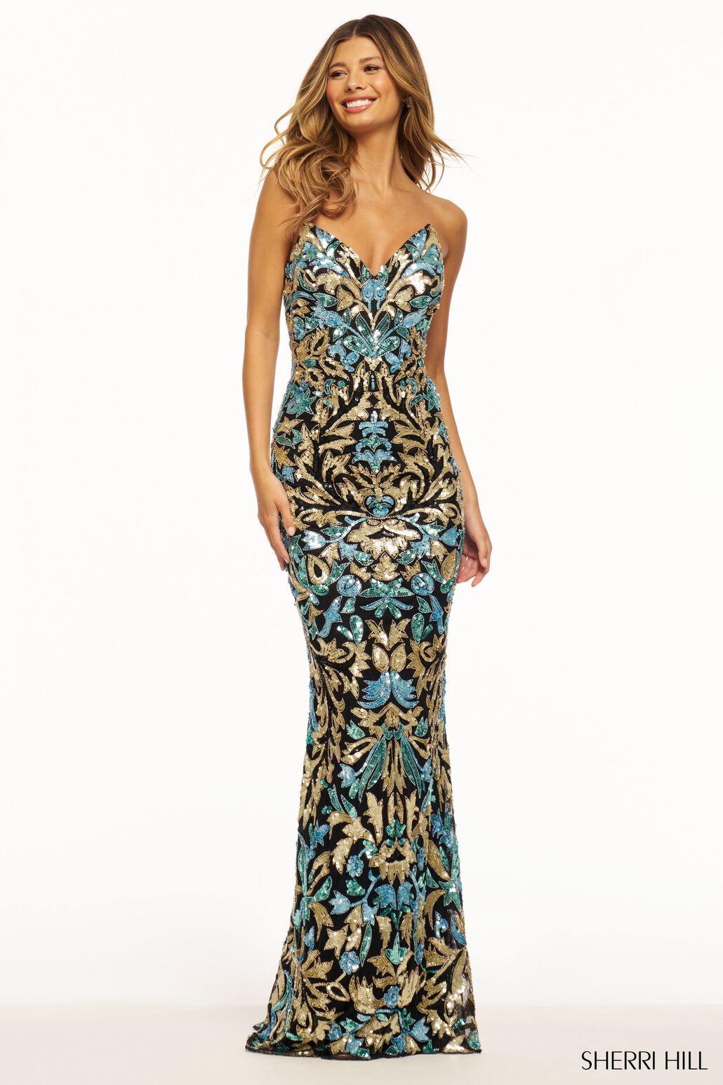 Sherri Hill 56080 prom dress images.  Sherri Hill 56080 is available in these colors: Black Gold Light Blue.