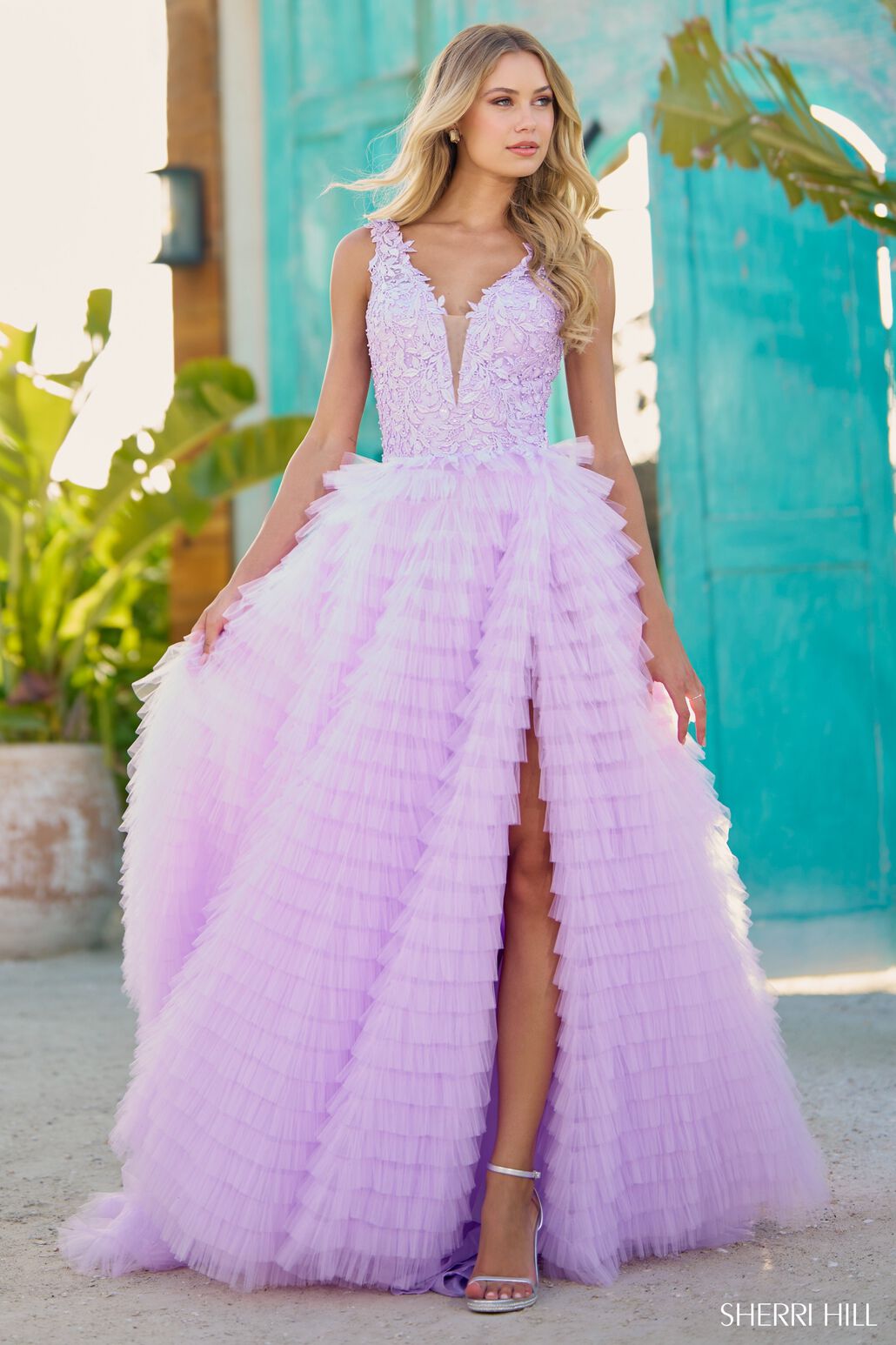 Sherri Hill 56086 prom dress images.  Sherri Hill 56086 is available in these colors: Bright Pink, Light Blue, Yellow, Ivory, Lilac, Red, Black.