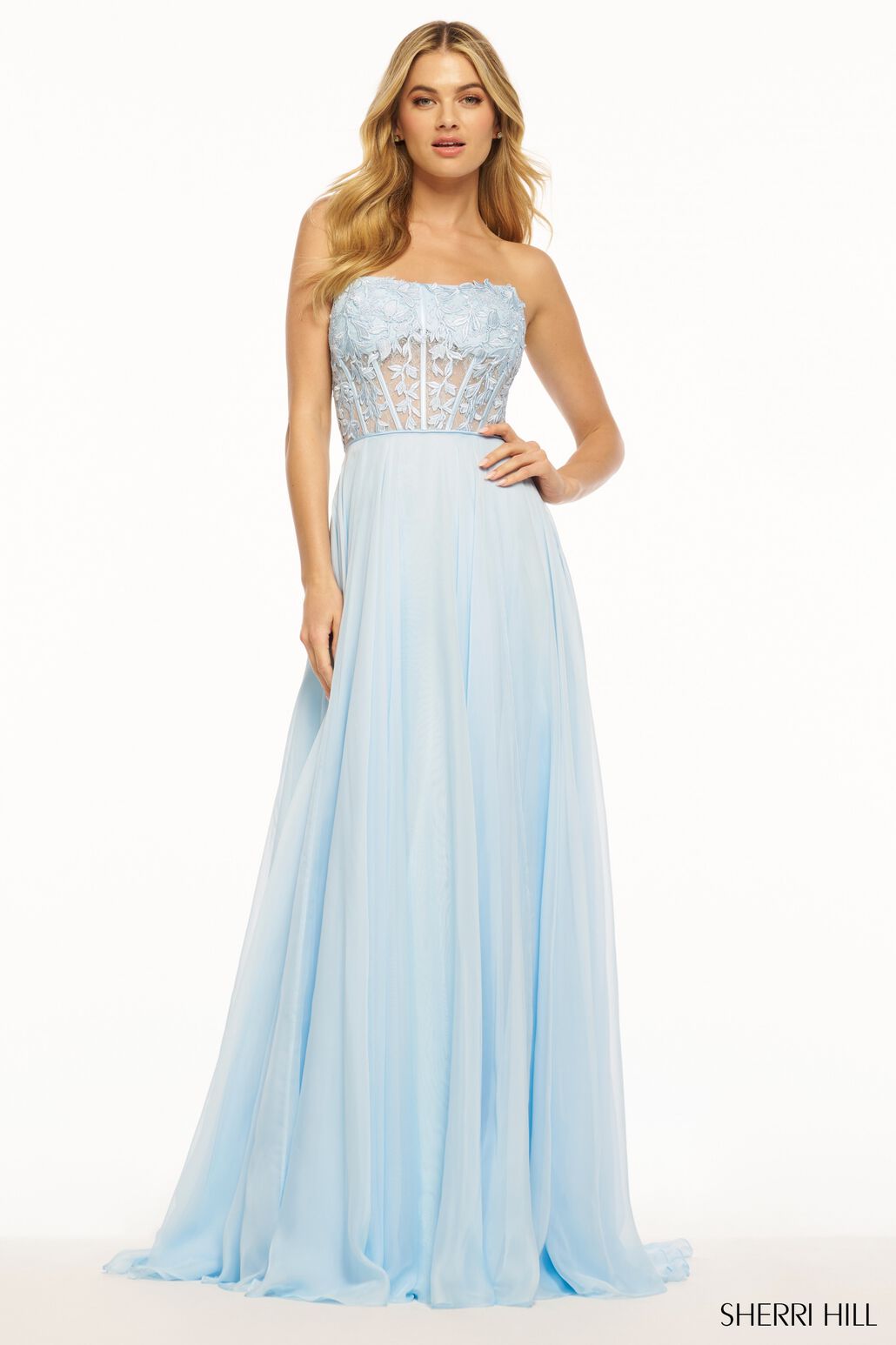 Sherri Hill 56088 prom dress images.  Sherri Hill 56088 is available in these colors: Light Blue, Ivory, Royal, Black, Lilac, Berry, Red, Yellow, Bright Pink, Periwinkle, Emerald.