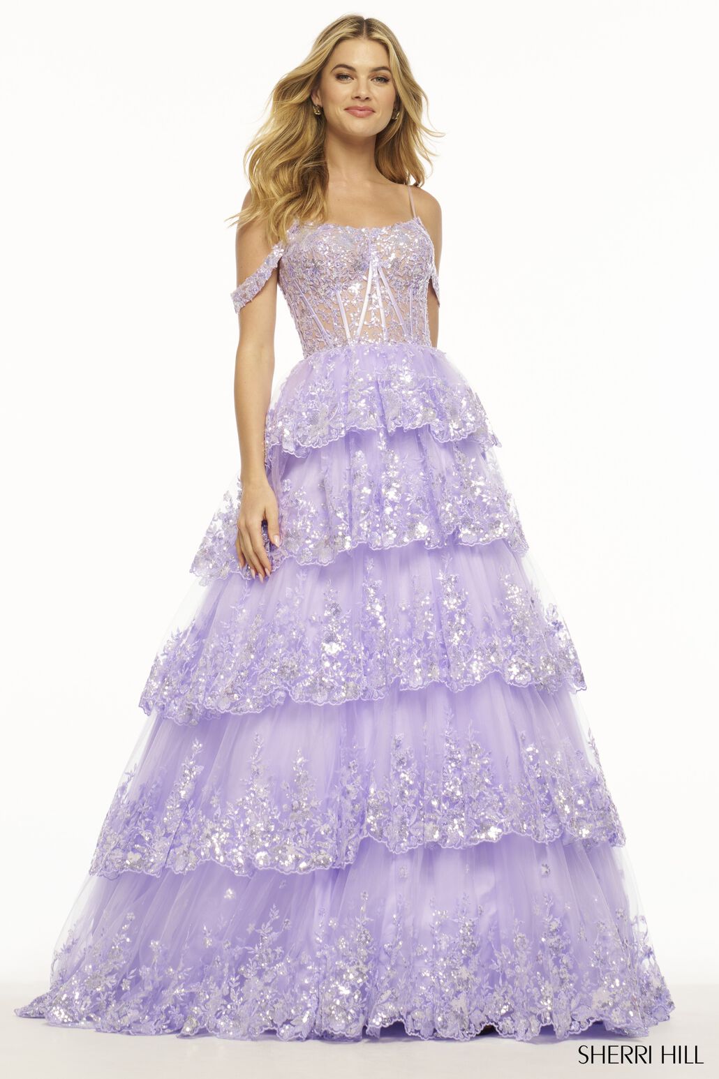 Sherri Hill 56104 prom dress images.  Sherri Hill 56104 is available in these colors: Lilac, Gold, Periwinkle, Silver, Blush, Navy, Light Blue, Red, Ivory, Black, Black Fuchsia, Fuchsia.