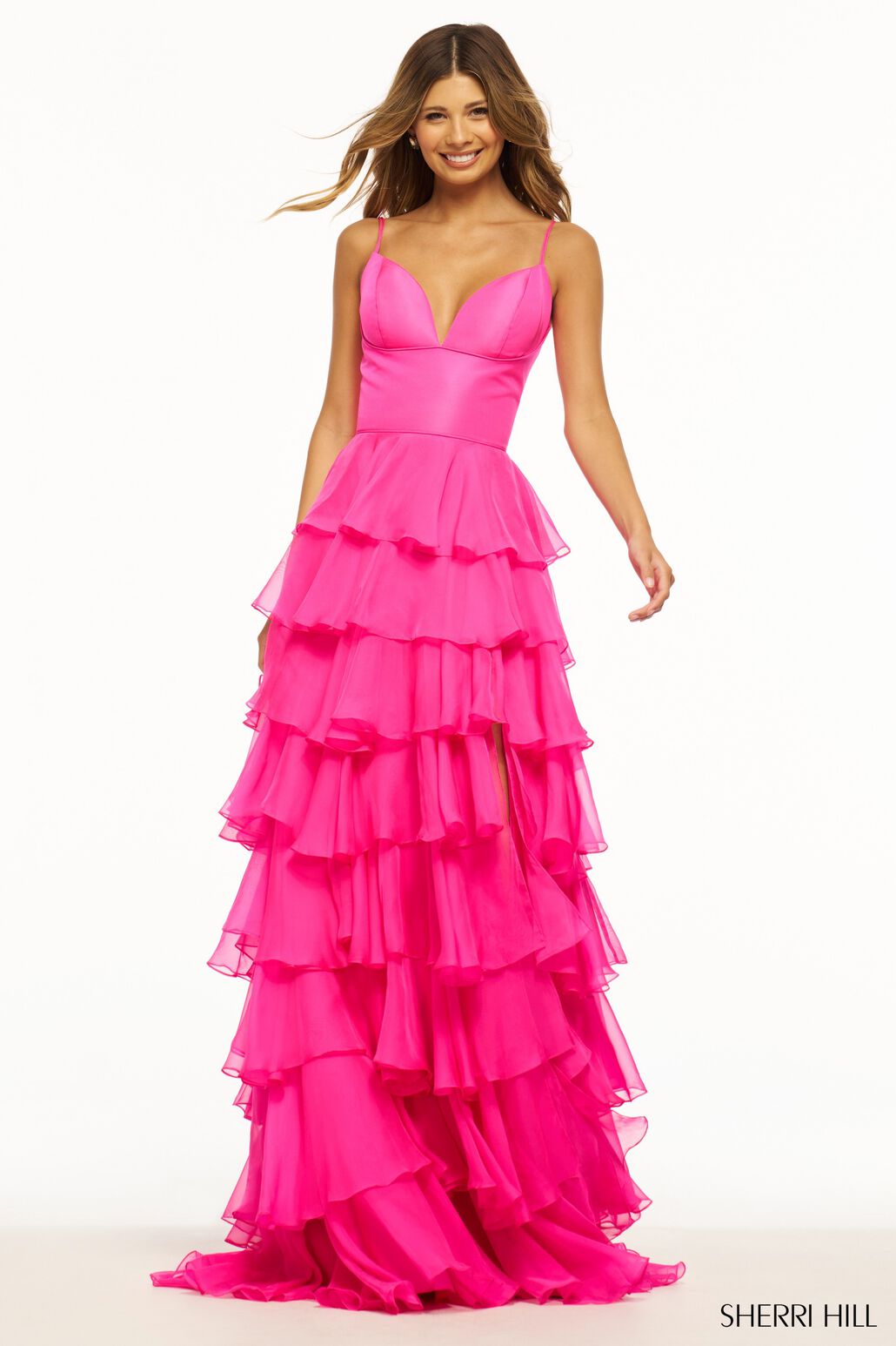 Sherri Hill 56108 prom dress images.  Sherri Hill 56108 is available in these colors: Bright Pink, Ivory, Yellow, Red, Black, Light Blue.