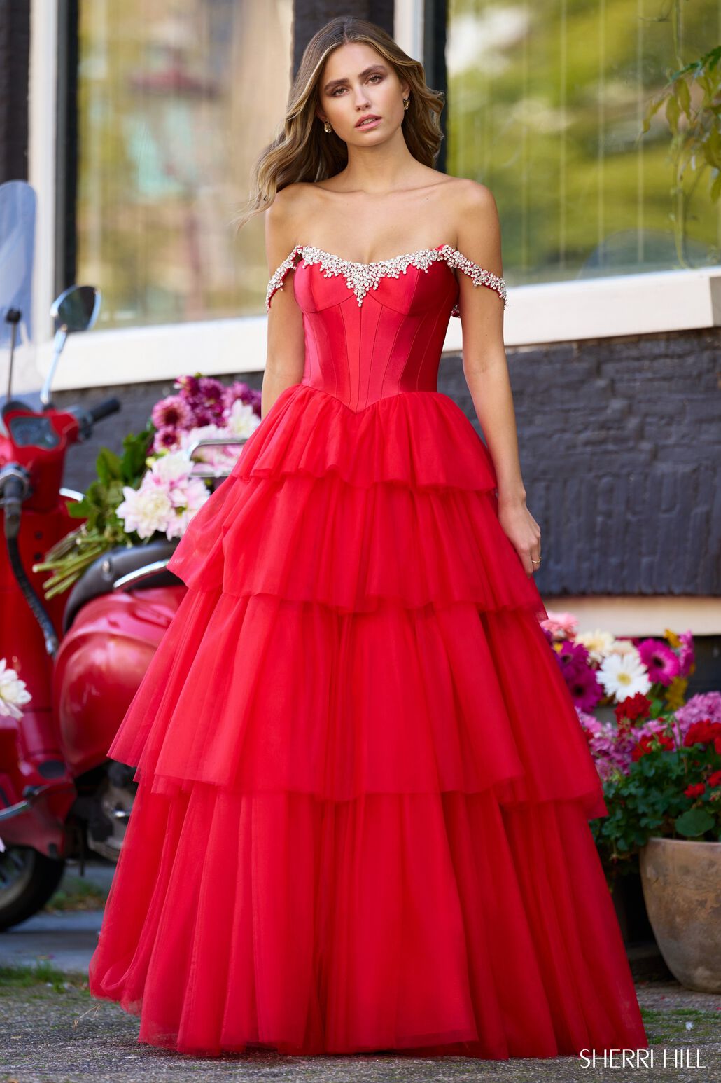 Sherri Hill 56147 prom dress images.  Sherri Hill 56147 is available in these colors: Red, Black, Ivory, Candy Pink, Nude, Blue, Magenta.