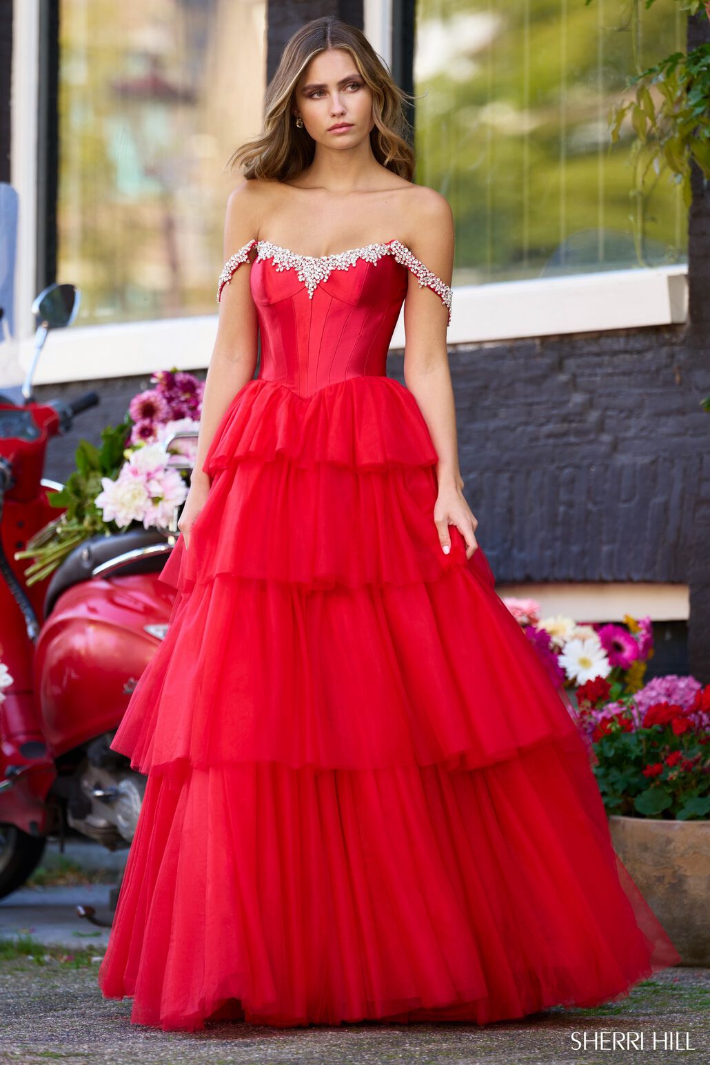 Sherri Hill 56147 prom dress images.  Sherri Hill 56147 is available in these colors: Red, Black, Ivory, Candy Pink, Nude, Blue, Magenta.