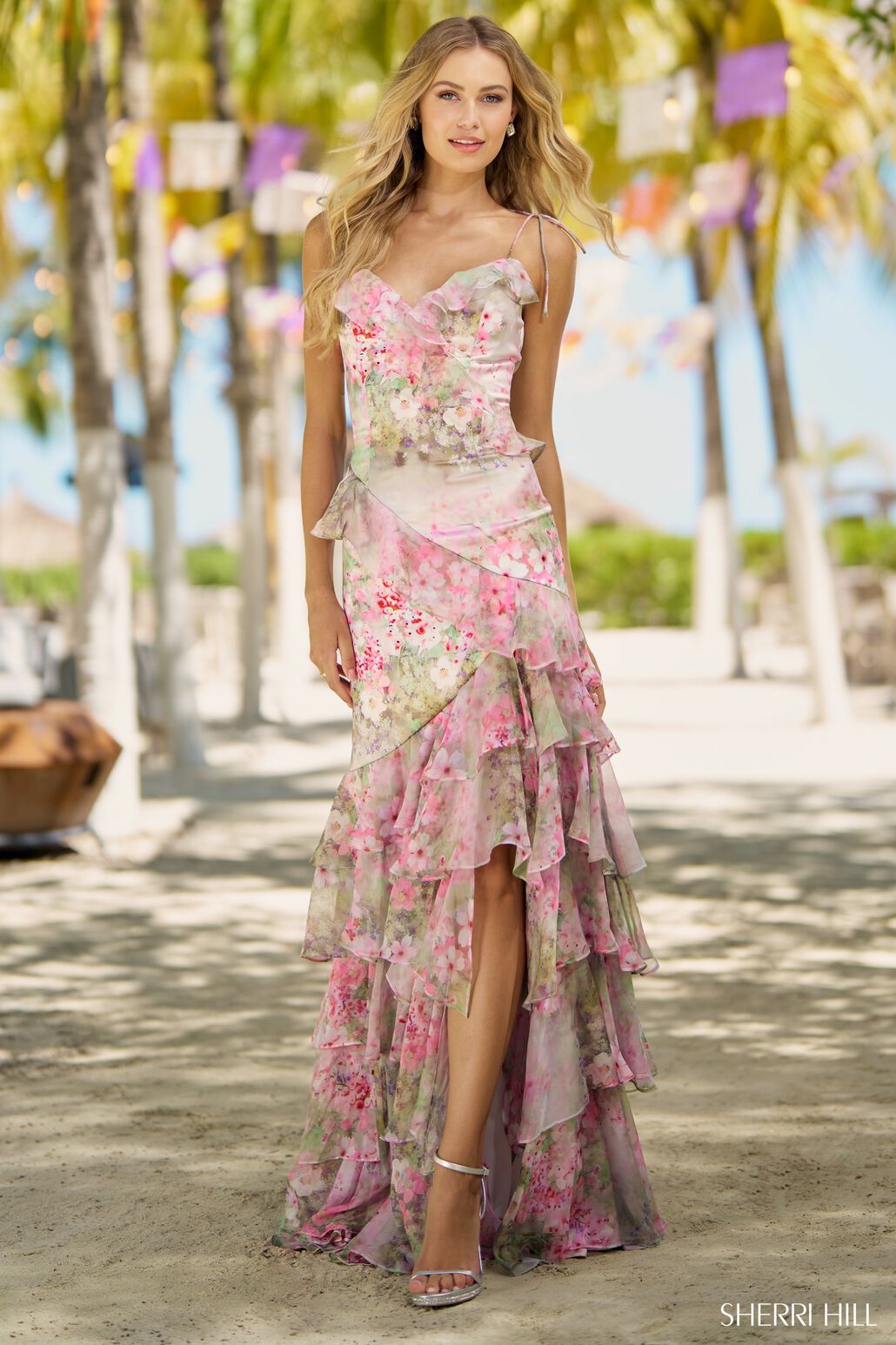 Sherri Hill 56168 prom dress images.  Sherri Hill 56168 is available in these colors: Pink Multi, Lilac Multi.