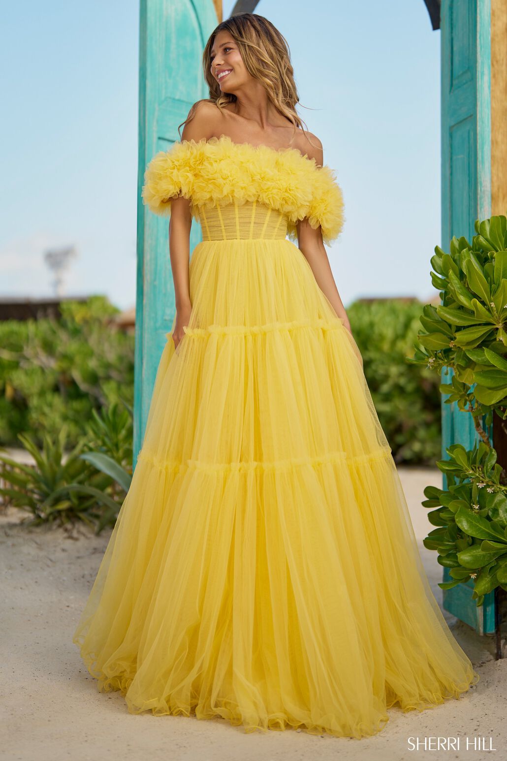 Sherri Hill 56173 prom dress images.  Sherri Hill 56173 is available in these colors: Yellow, Red, Lilac, Black, Candy Pink, Ivory, Fuchsia.