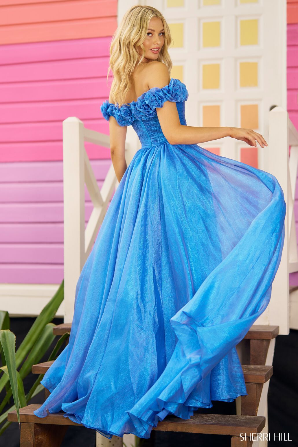 Sherri Hill 56194 prom dress images.  Sherri Hill 56194 is available in these colors: Rose, Light Blue, Black, Magenta, Peacock, Red, Purple, Bright Pin K.